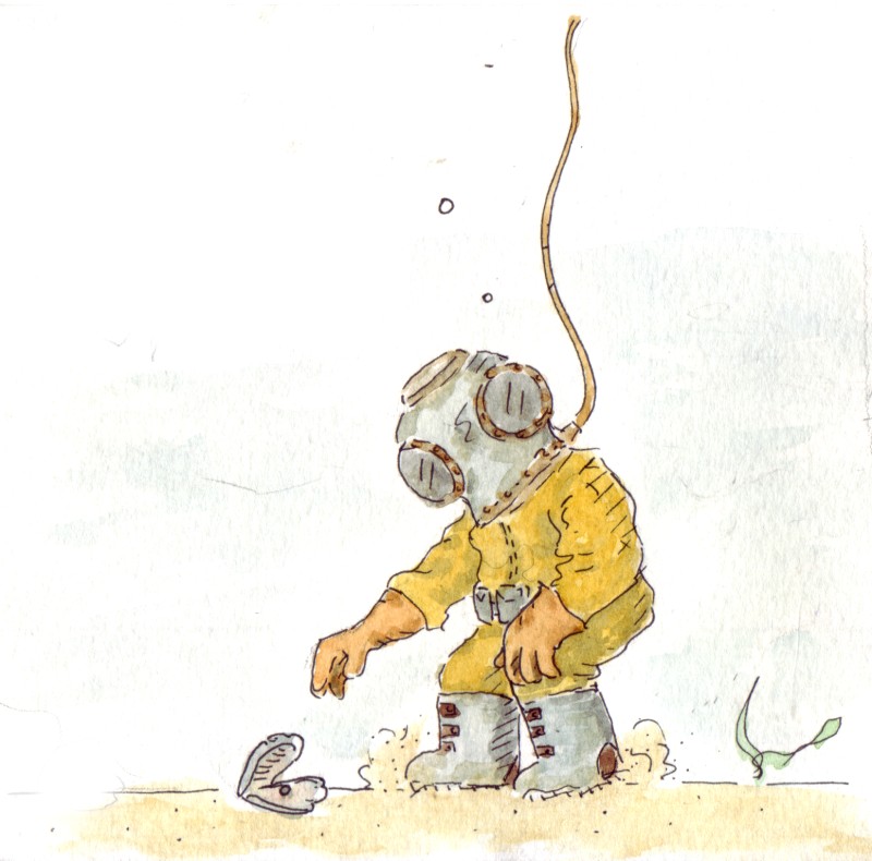 A deep-sea diver reaching for a shell — illustration by Tom Harding