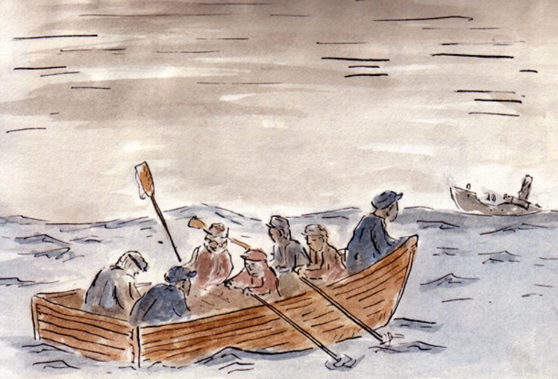 Rowers in a small boat with a ship on the horizon — illustration by Tom Harding